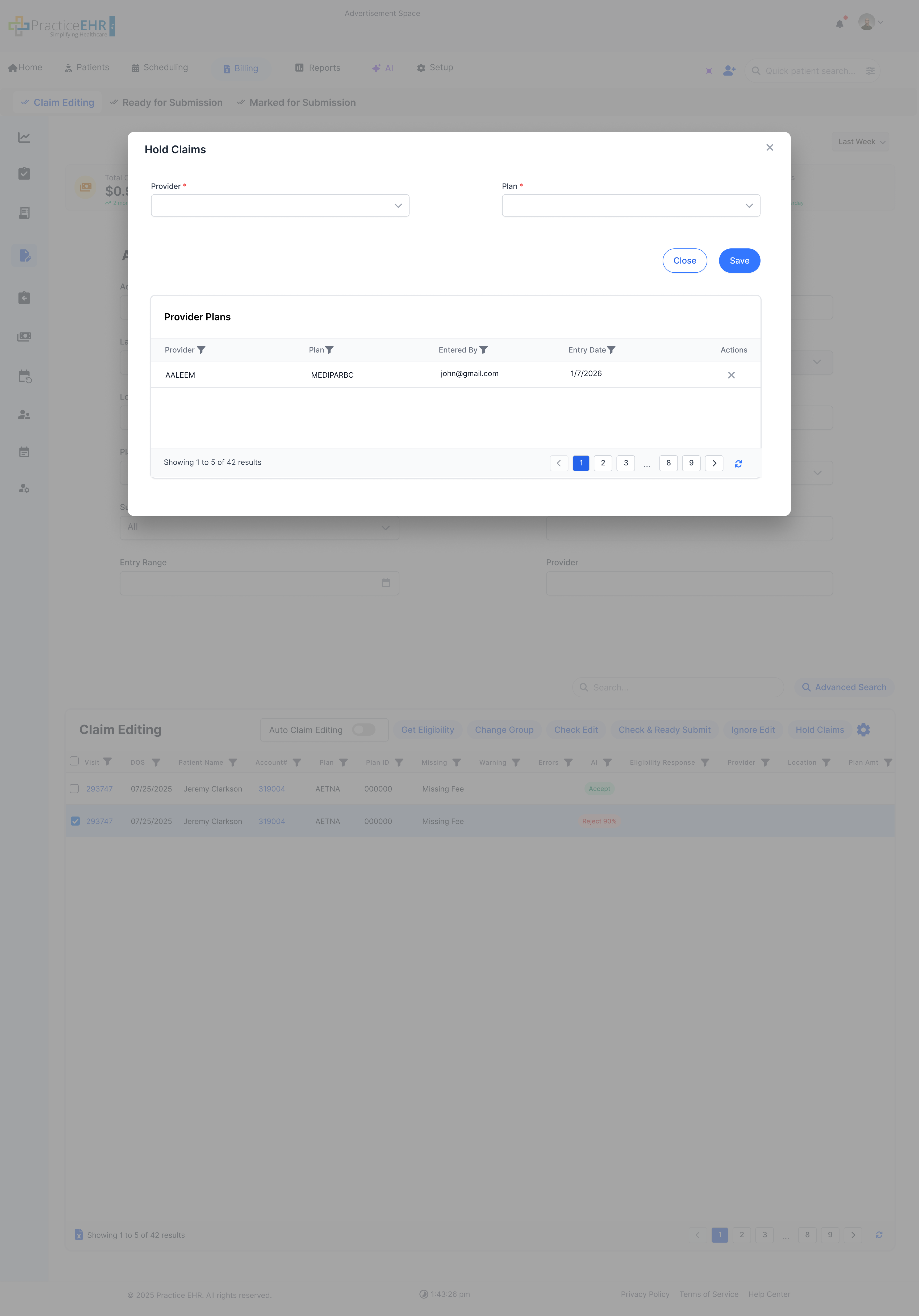Claim Editing - Hold Claims Screenshot